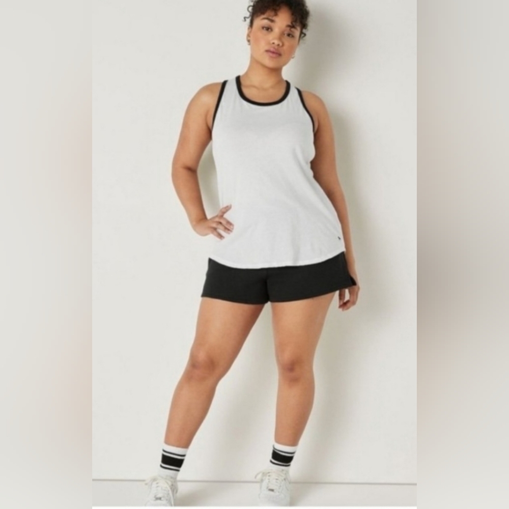 Pink Brand- Sz LG White Tank Top with Black Trim With Black Dog In Corner.